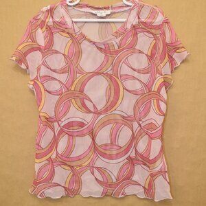 VINTAGE Y2K Ally B Sheer Top - Pink/Orange Circle Pattern - Size L (14)